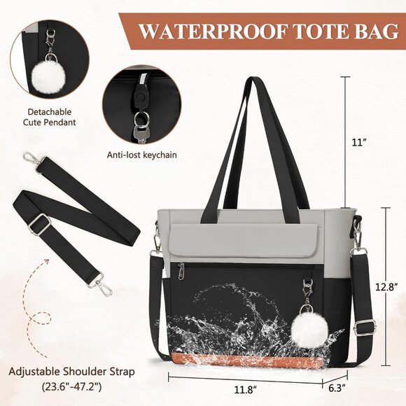 Women Black With Grey Multi-Pocket Waterproof Canvas Tote Bags with Zipper - Picture 4 of 6